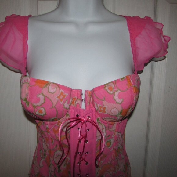Pink Floral Zip and Lace Up Front Corset Set - NEW - Picture 3 of 10